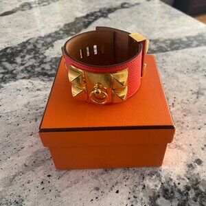 Authentic Hermes CDC Collier de Chien Orange Epsom Leather Bracelet GHW Gold